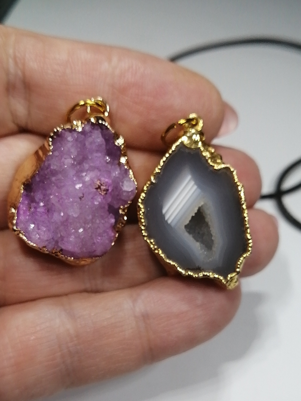 24 K Gold Plated Amethyst Druzy And Sleced Agate Pendants, Cord, Variety Bundle
